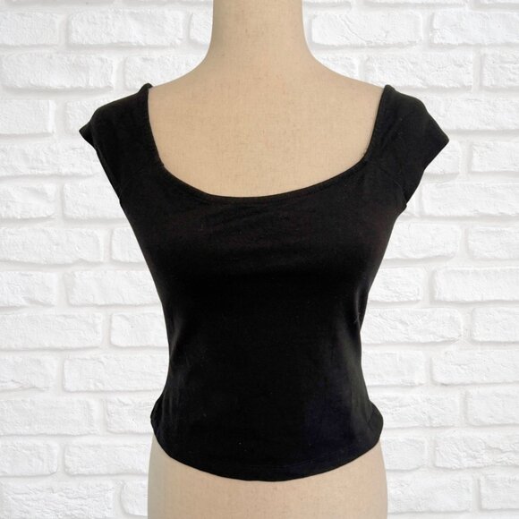Anthropologie Maeve Black Scoop Neck Cap Sleeve Top Fitted Size Small Basic - Picture 1 of 9